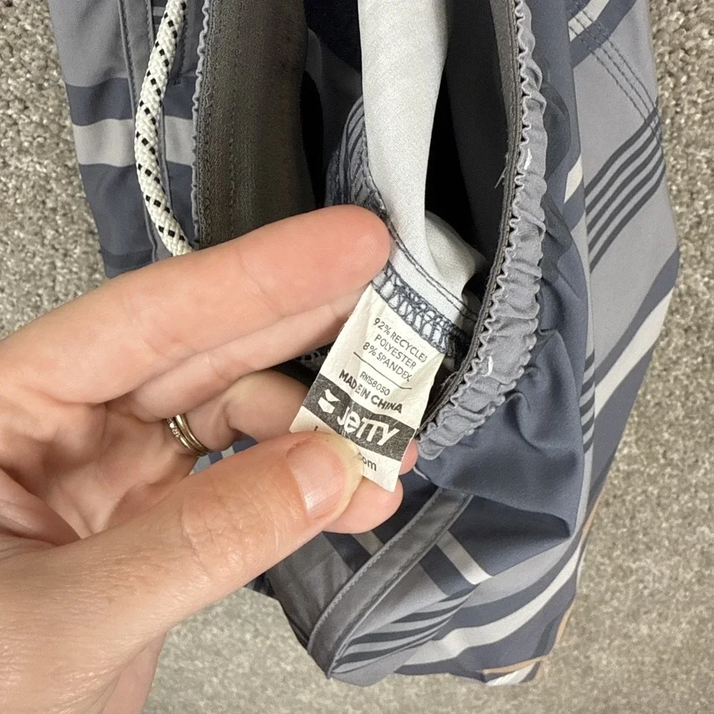Jetty Mens Small Striped Board Shorts Grey Blue Tan Swim Trunks Recycled